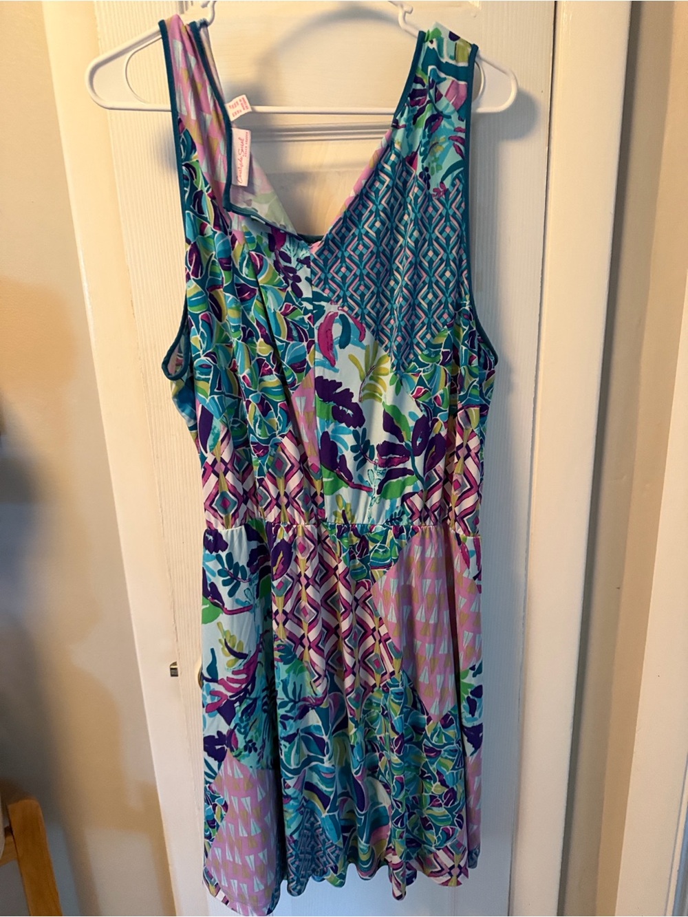 Susan Graver - Romper, full short-, Teal, Purple & Pink Printed Midi Dress